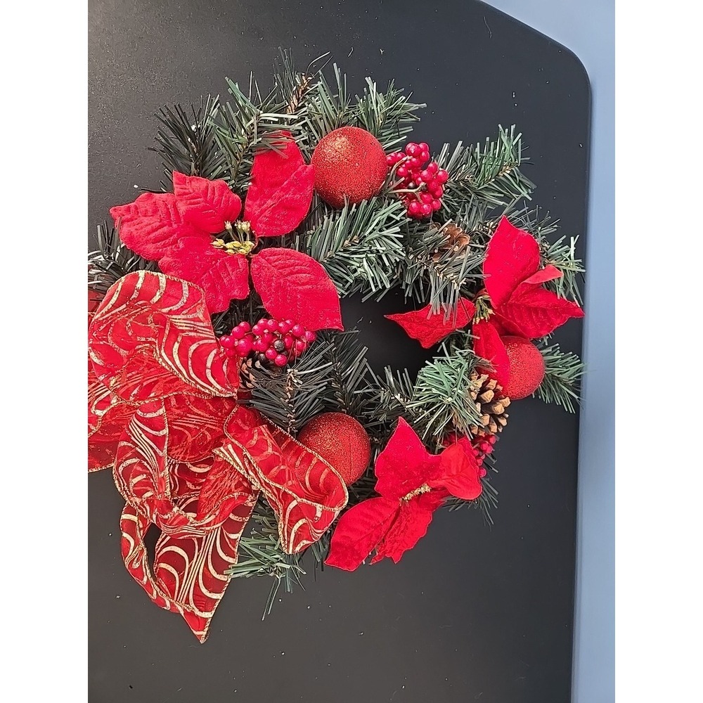 15" Poinsettia Christmas Wreath Cone, Berries, Globes, Bow